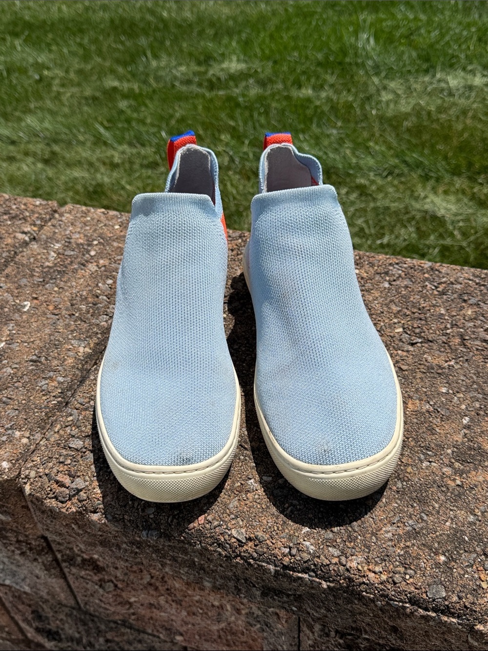 Rothy's Light Blue Slip-On Ankle Boots with orange & Blue Heel Tabs